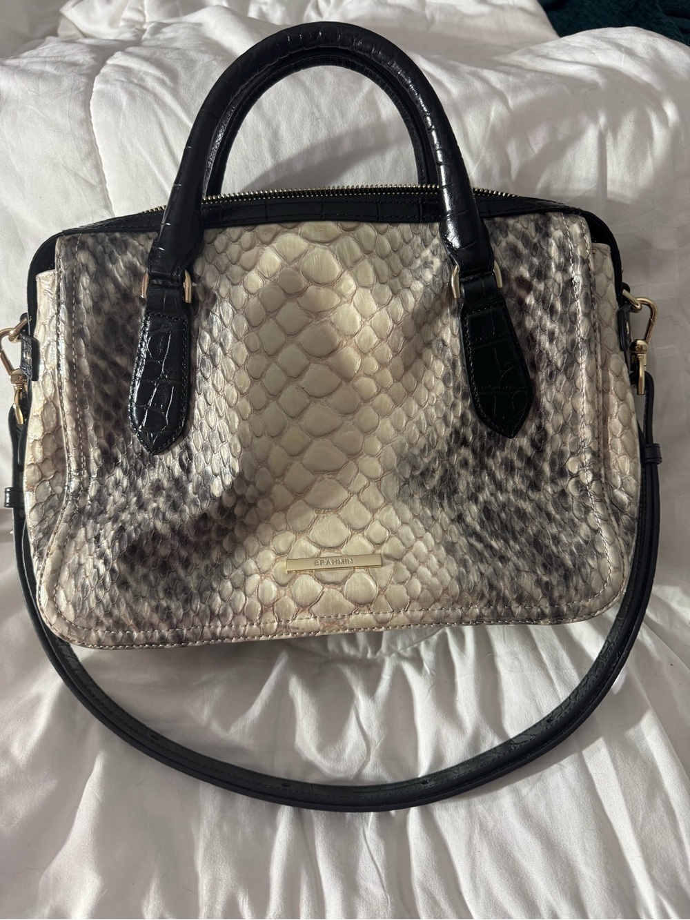 Brahmin Python-Embossed Satchel in Cream and Black